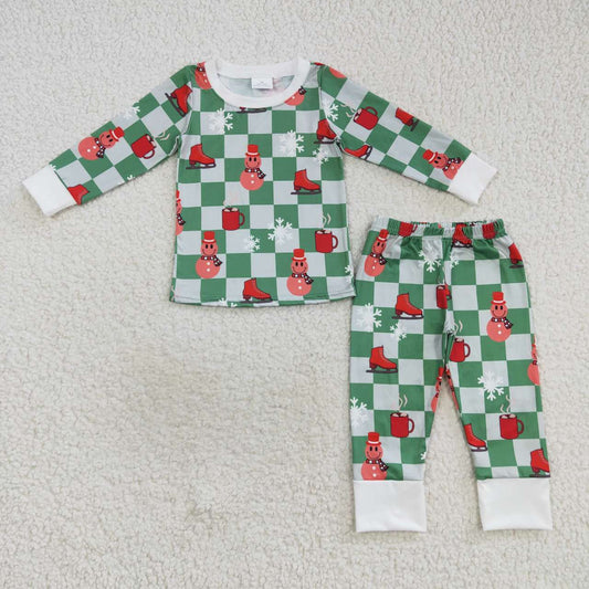 BLP0317 Green plaid snowman print boys Christmas pajamas clothes set