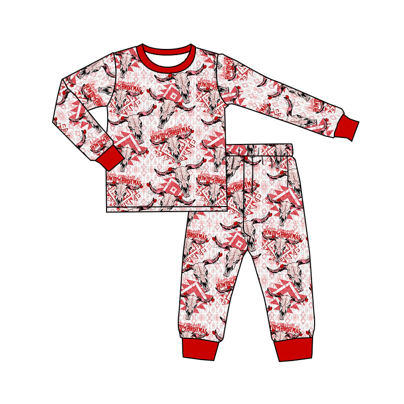(Pre-order)BLP0330 Red cow skull aztec print boys pajamas clothes set