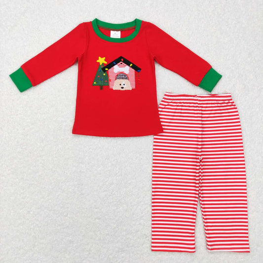 BLP0331 Christmas Dog Embroidery Stripes Pants Boys Pajamas Clothes Set