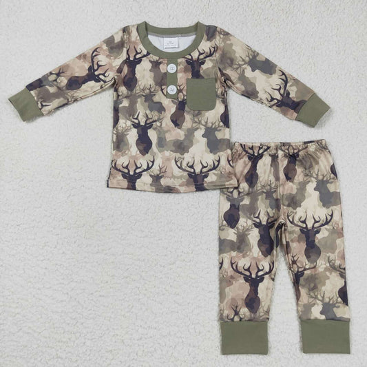 BLP0332 Green camo deer print boys pajamas clothes set