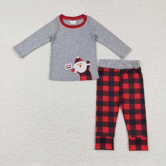 BLP0334 Santa Embroidery Grey Top Red Plaid Pants Boys Christmas Clothes Set