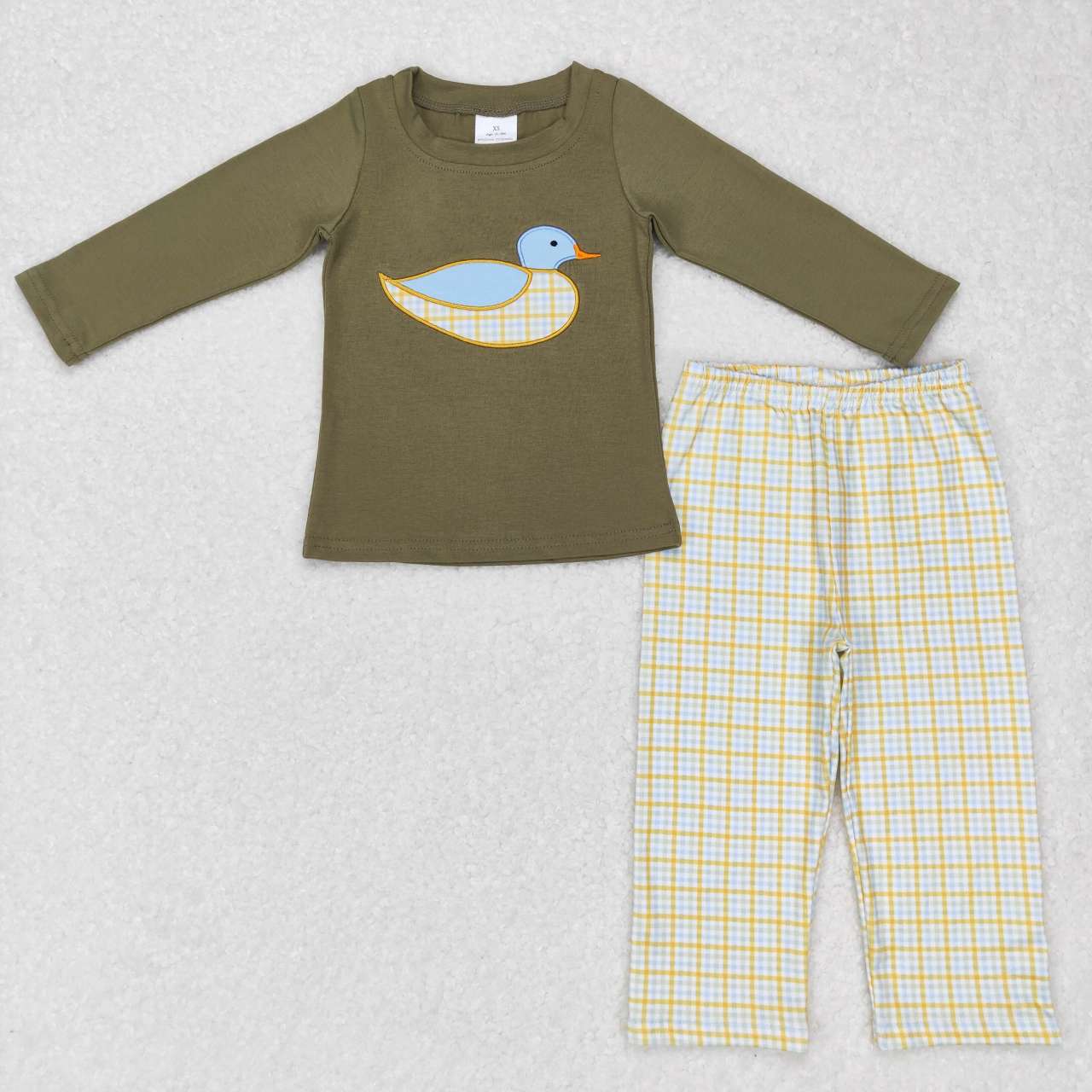 BLP0335 Green duck embroidery top plaid pants boys clothes set