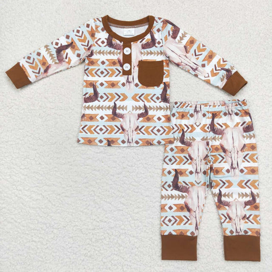 BLP0341 Brown cow skull aztec print girls pajamas western clothes set