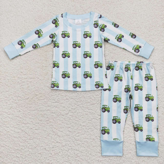BLP0345 Tractors Blue Stripes Print Boys Pajamas Clothes Set