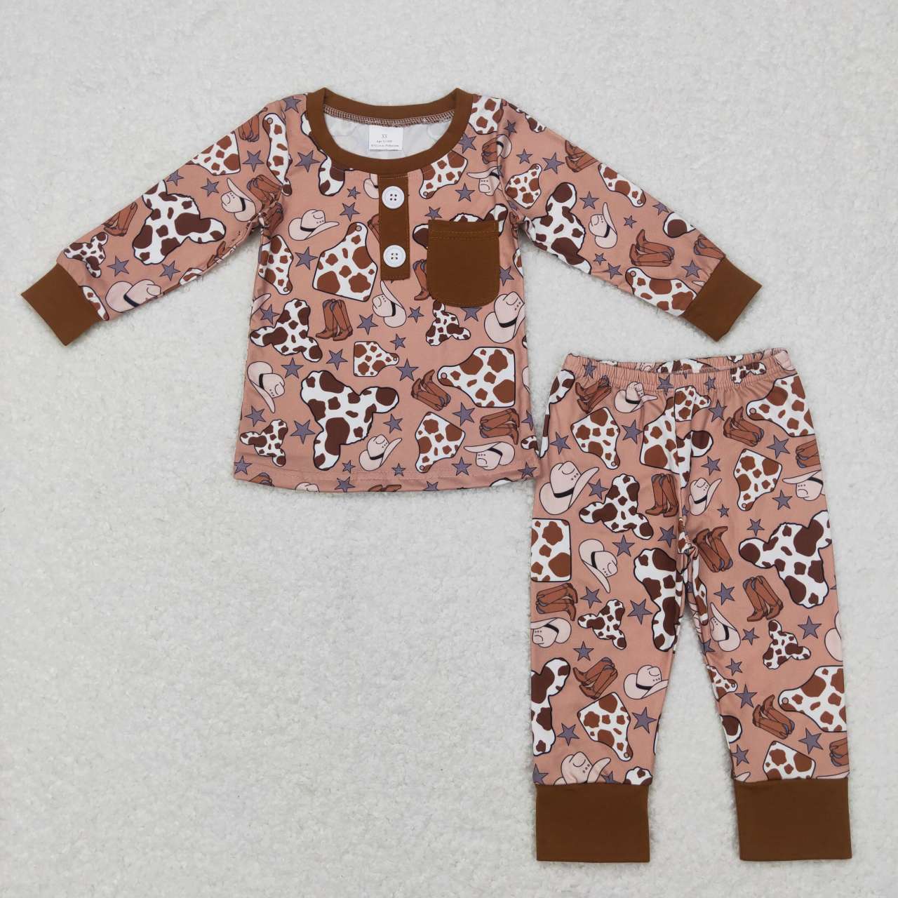 BLP0347 Brown Cow Print Boys Pajamas Western Clothes Set