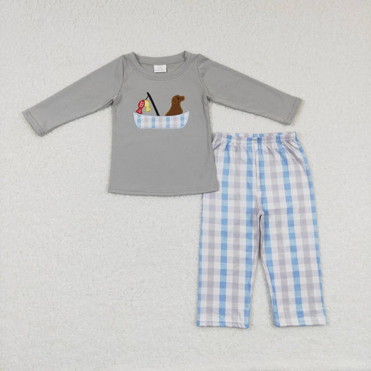 BLP0350 Grey Dog Fish Boat Embroidery Print Plaid Pants Boys Clothes Set