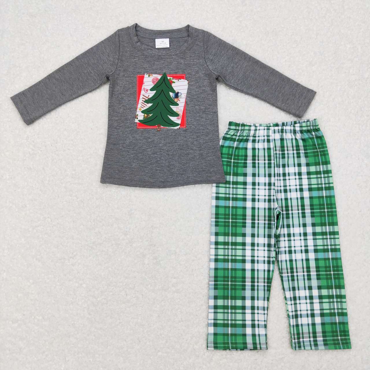 BLP0351 Grey Christmas Tree Embroidery Print Top Green Plaid Pants Boys Clothes Sets