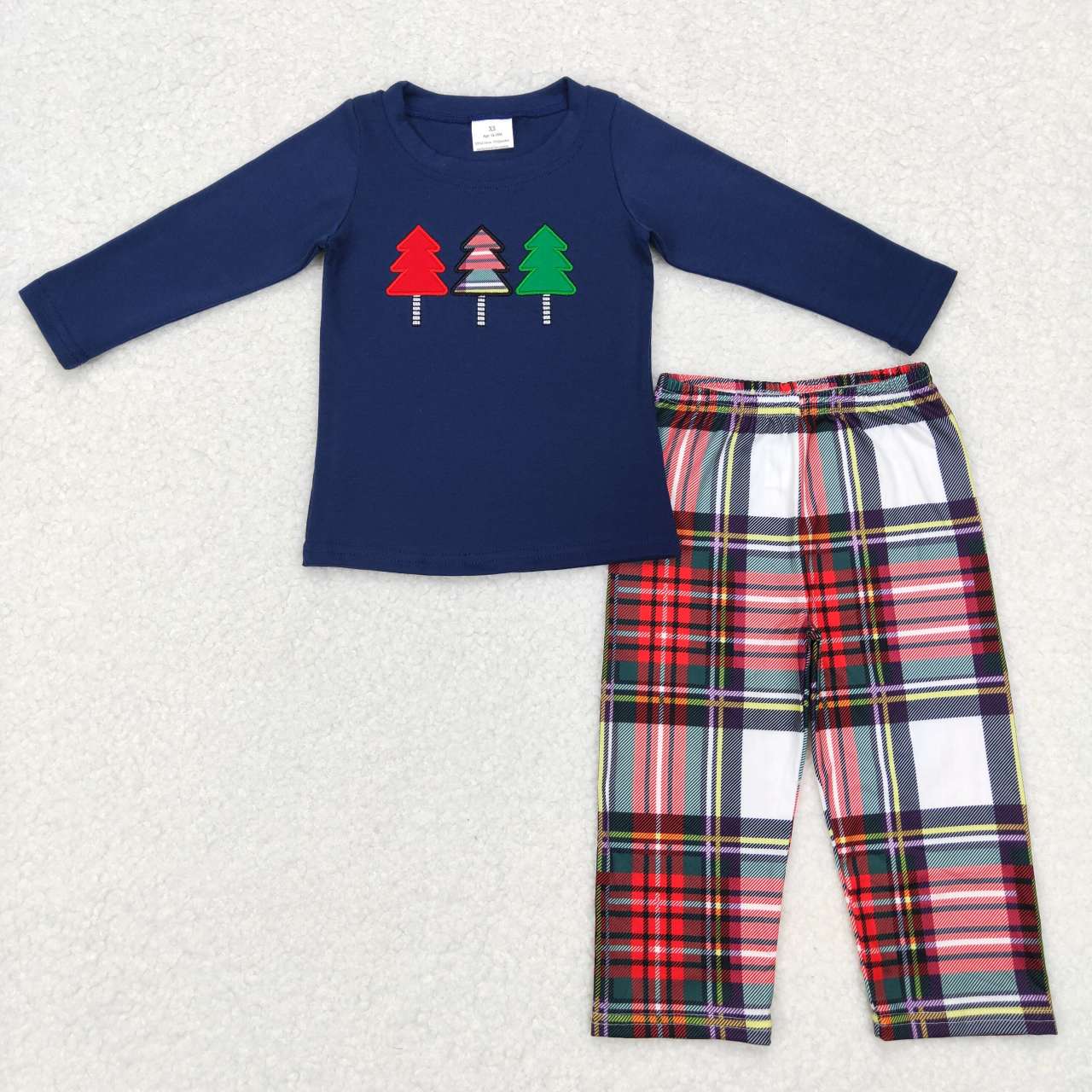 BLP0352 Navy Christmas Tree Embroidery Print Top Red Plaid Pants Boys Clothes Set