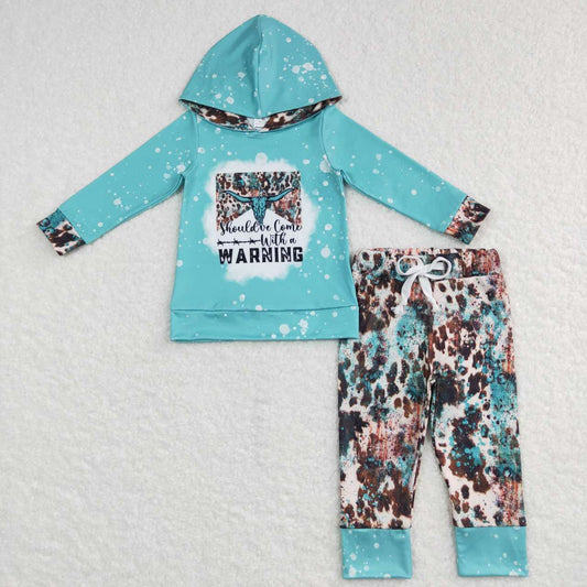 BLP0354 Warning Cow Skull Aqua Print Hoodie Top Boys Western Clothes Set