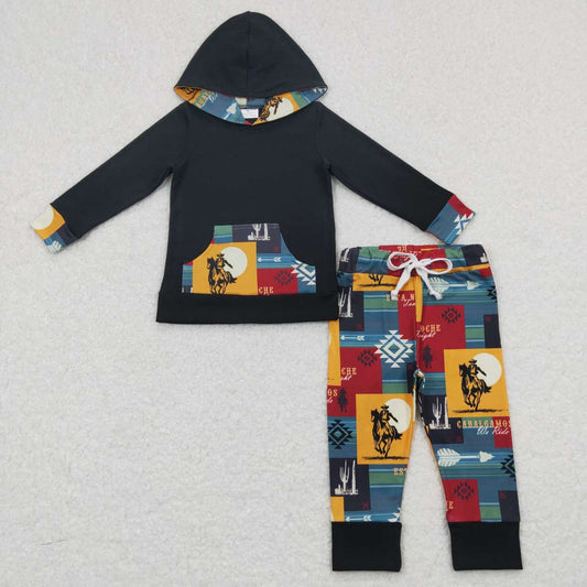 BLP0355 Cowboy Aztec Print Black Hoodie Top Kids Western Clothes Set