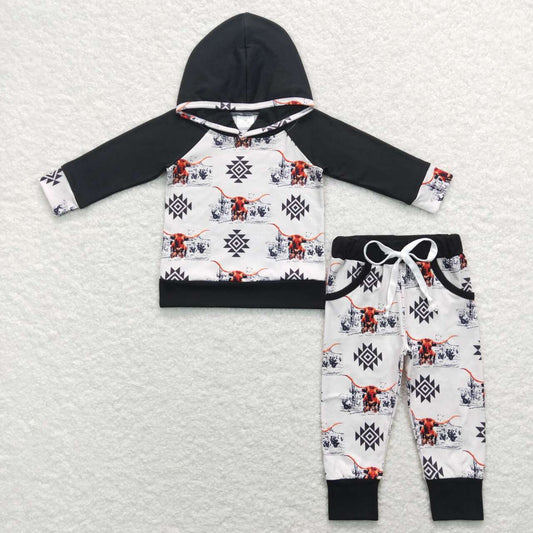 BLP0363 Black Highland Cow Aztec Boys Hoodie Top Clothes Set