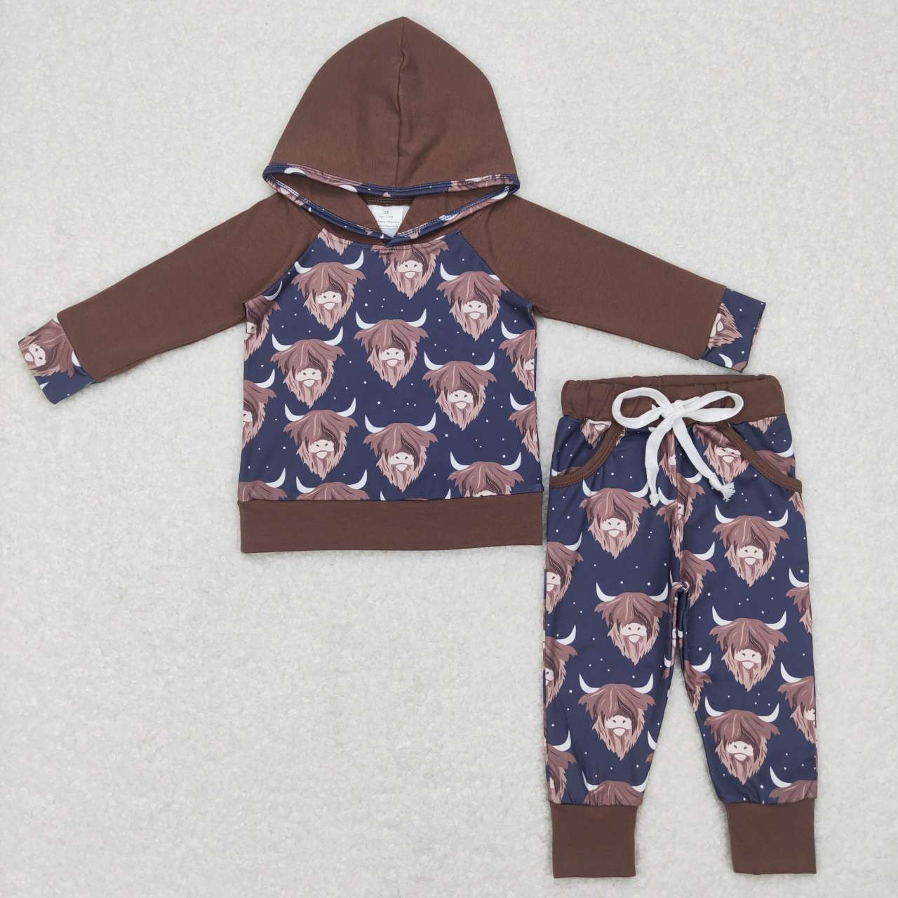 BLP0365 Brown Highland Cow Print Hoodie Top Girls Western Clothes Set