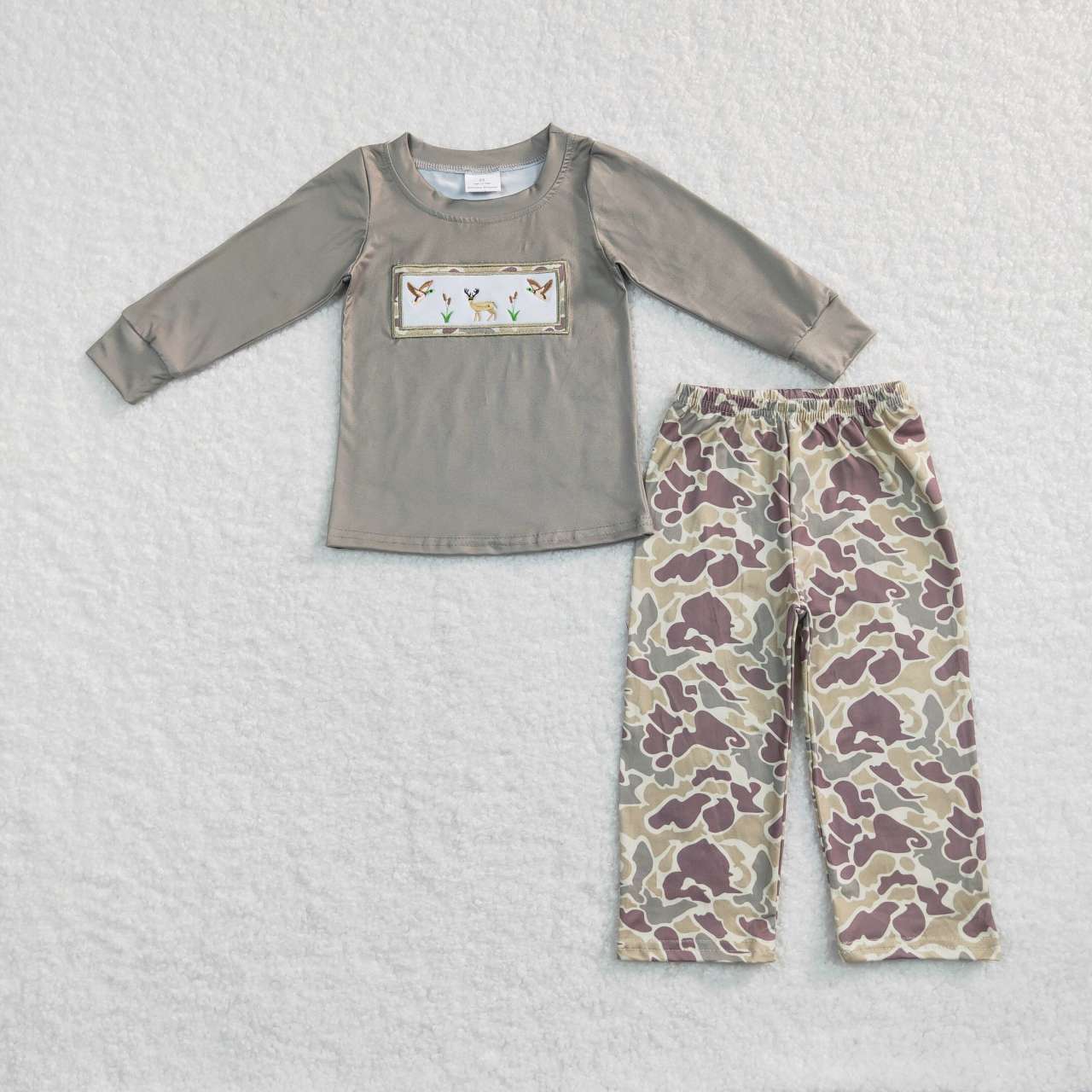 BLP0368 Grey Deer Duck Embroidery Top Camo Pants Boys Hunting Clothes Set