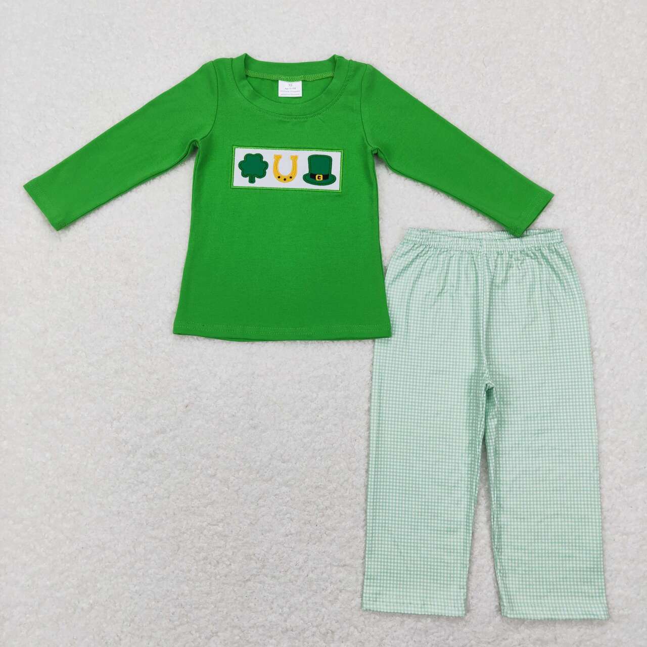 BLP0376 Green St. Patrick's Embroidery Top Plaid Pants Boys Clothes Set