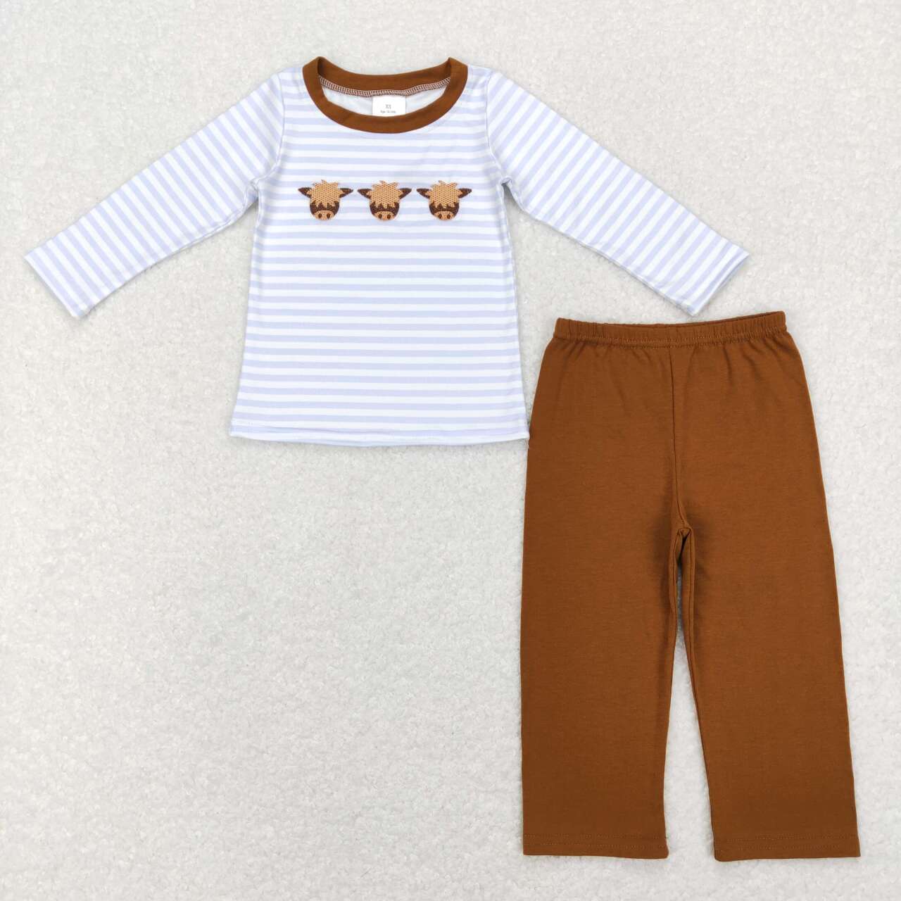 BLP0377 Highland Cow Embroidery Top Brown Pants Boys Clothes Set