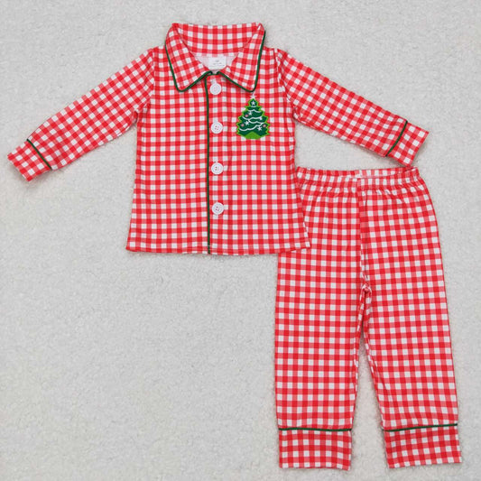 BLP0378 Red Plaid Christmas Tress Embroidery Print Boys Buttons Pajamas Clothes Set