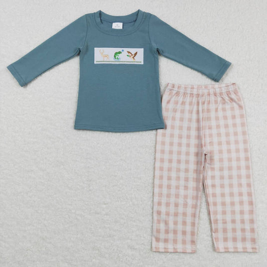 BLP0381 Deer Fish Duck Embroidery Print Boys Clothes Set