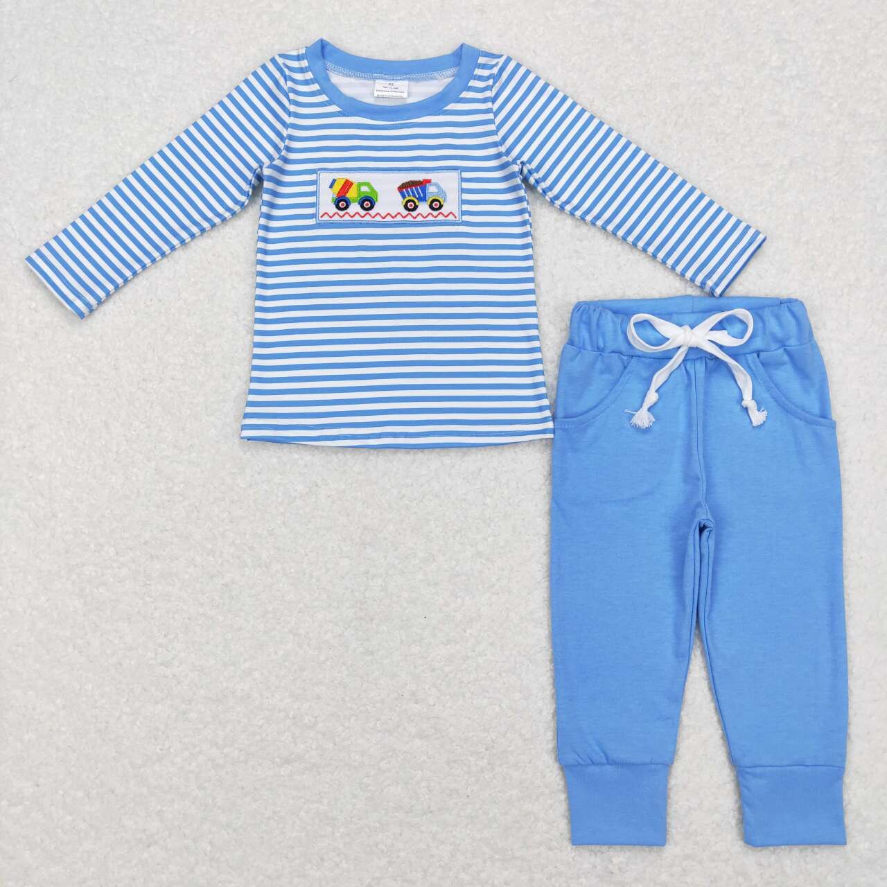 BLP0393 Blue Construction Embroidery Print Boys Clothes Set