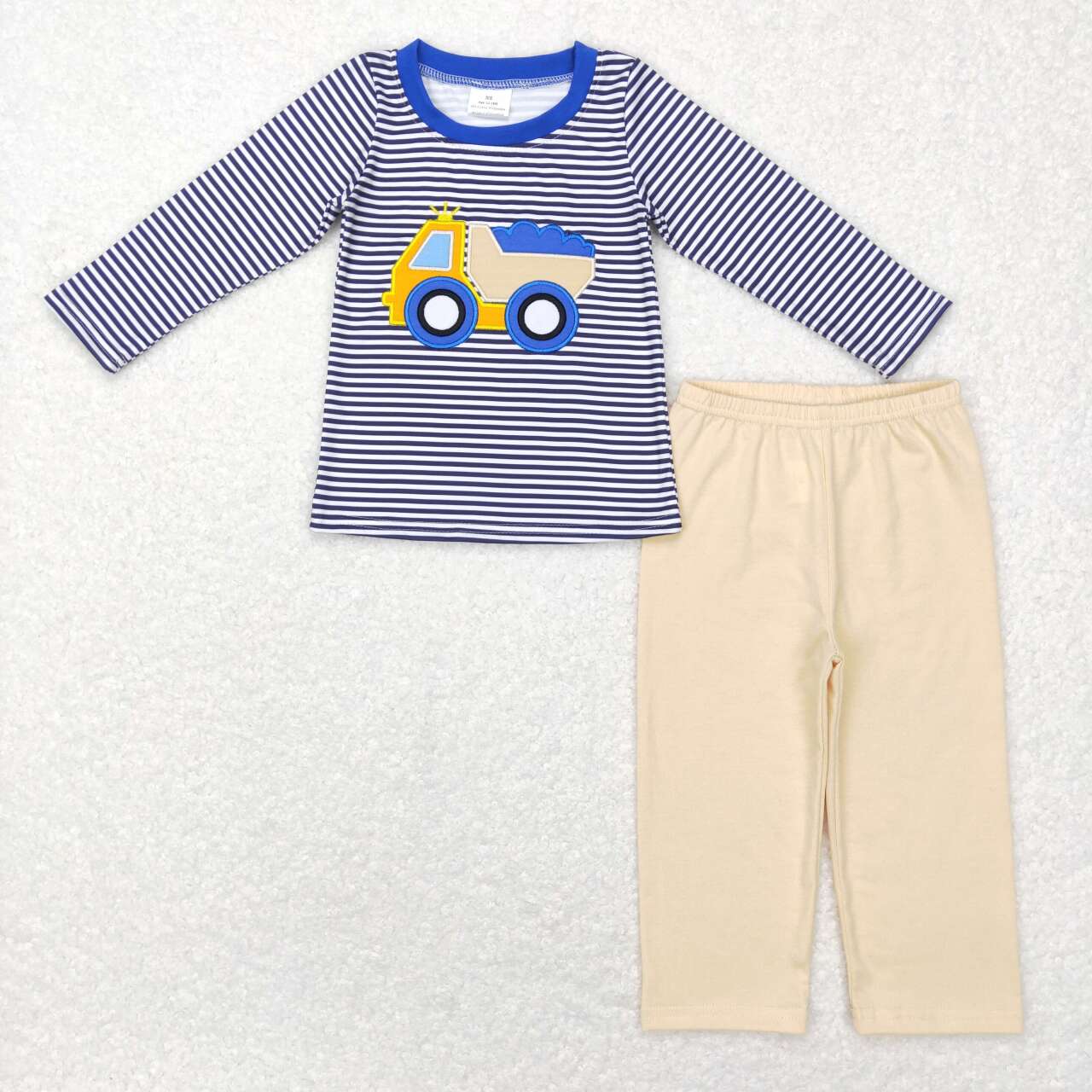 BLP0400 Navy Stripes Construction Embroidery Print Boys Clothes Set