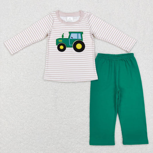 BLP0401 Stripes Tractors Embroidery Top Green Pants Boys Clothes Set