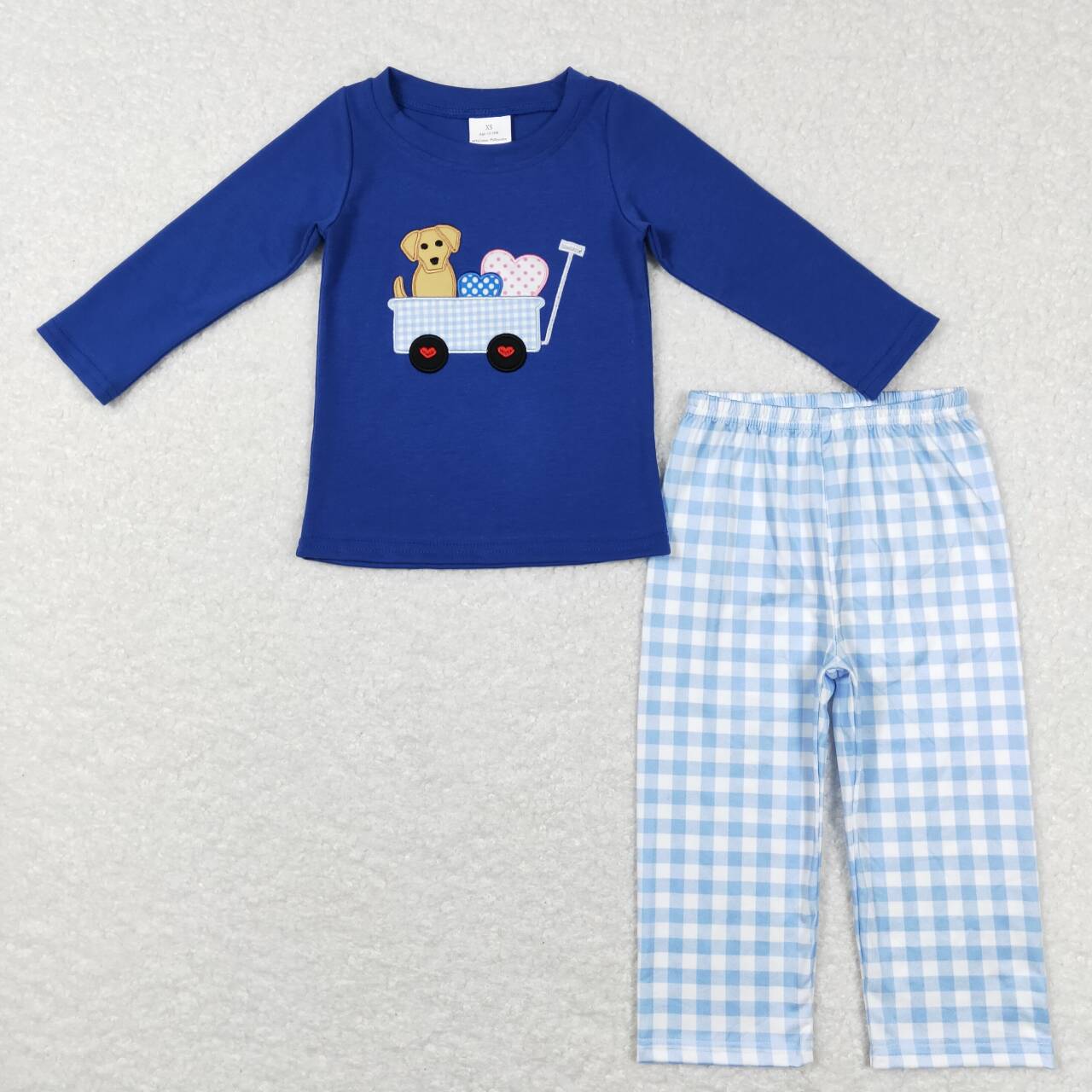 BLP0402 Dog Heart Embroidery Blue Top Plaid Pants Boys Valentine's Day Clothes Set