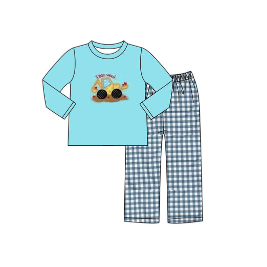 (Pre-order)BLP0406 Construction Heart Blue Top Plaid Pants Boys Valentine's Clothes Set