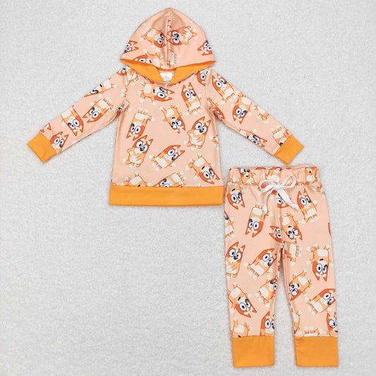 BLP0415 Orange Cartoon Dog Print Kids Hoodie Clothes Set