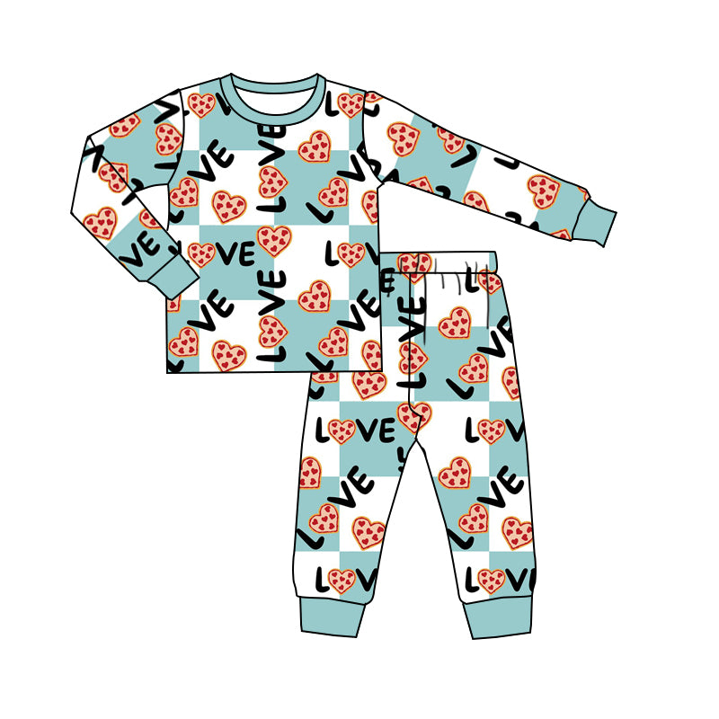 (Pre-order)BLP0417 Blue Plaid Love Heart Pizza Print Boys Valentine's Pajamas Clothes Set