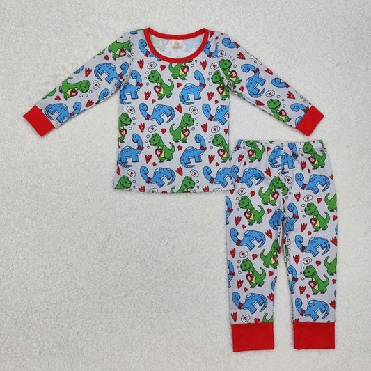 BLP0431  Dino Heart Print Boys Valentine's Bamboo Pajamas Clothes Set