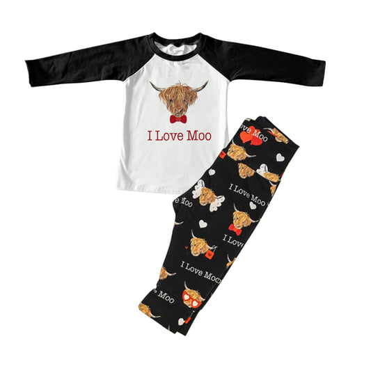 (Pre-order)BLP0436 I Love Moo Highland Cow Black Raglan Sleeve Boys Clothes Set