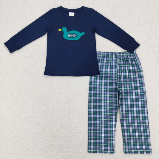 BLP0440 Duck Embroidery Navy Top Green Plaid Pants Boys Clothes Set
