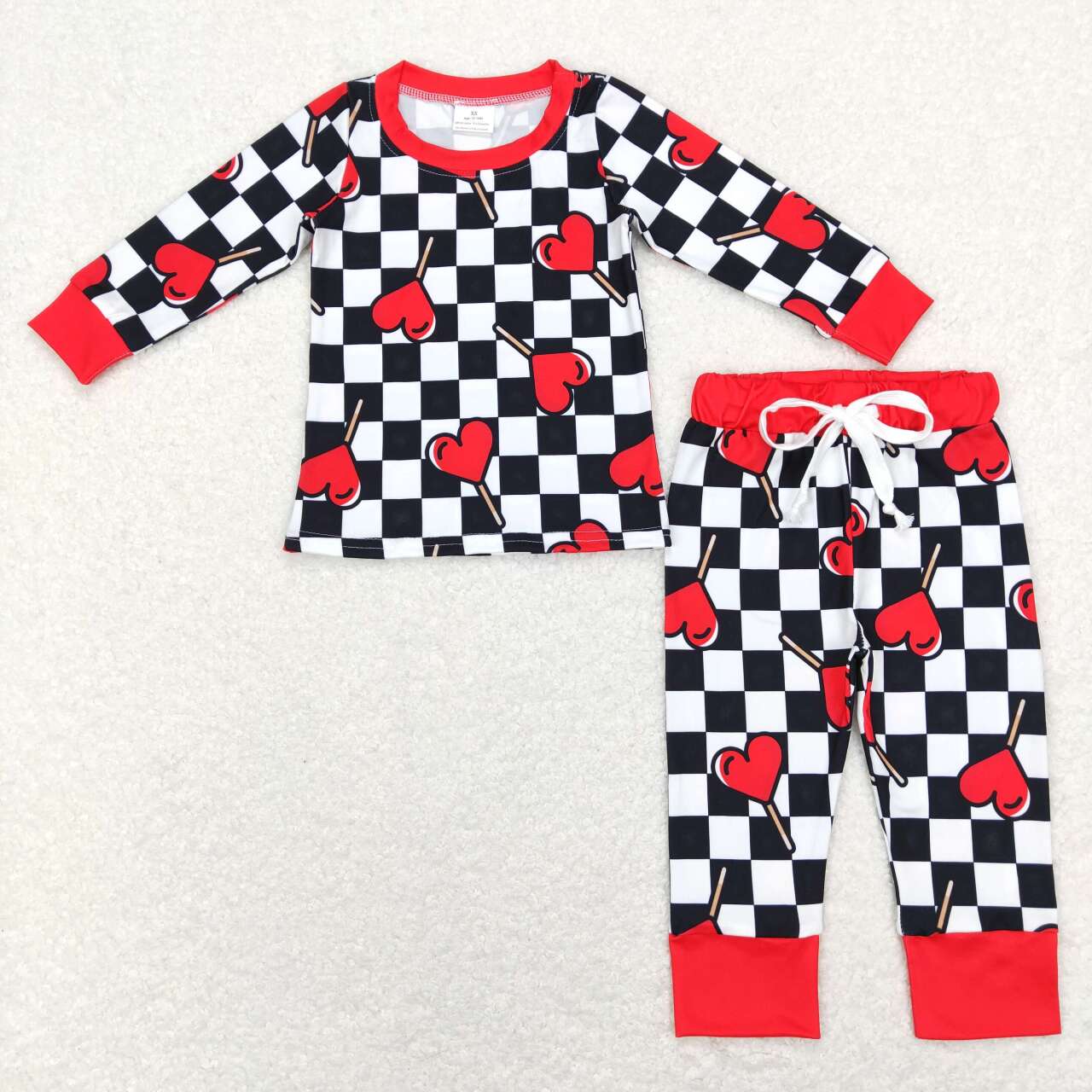 BLP0443 Black Plaid Heart Print Kids Valentine's Pajamas Clothes Set