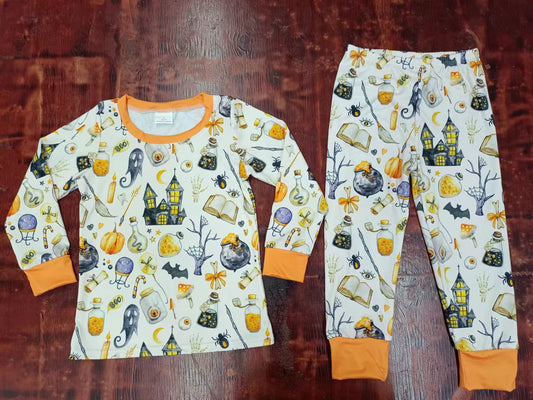 (Custom Design Preorder MOQ 5)  Ghost BOO Pumpkin Print Kids Halloween Pajamas Clothes Set