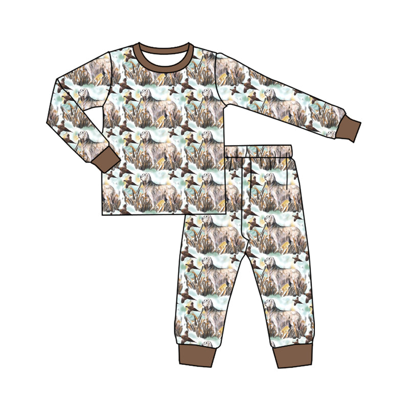 (Pre-order)BLP0462 Dog Duck Hunting Brown Print Boys Pajamas Clothes Set