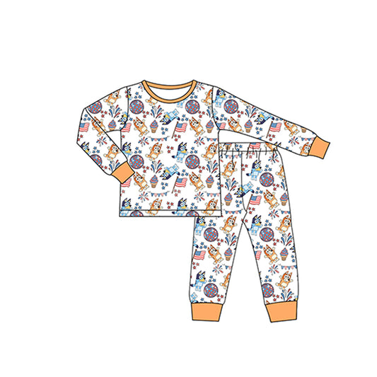 (Custom Design Preorder MOQ 5) Cartoon Dog Flag Disco Print Boys Fall Pajamas Clothes Set