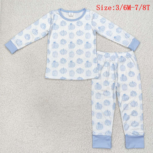 BLP0469 Blue Pumpkin Print Boys Fall Pajamas Clothes Set