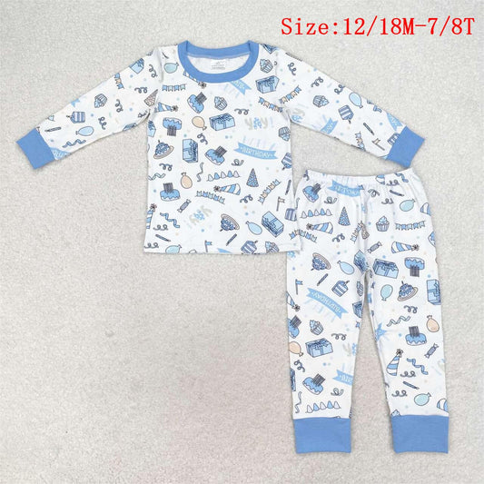 BLP0470 Blue Balloon Cake Print Happy Birthday Boys Fall Pajamas Clothes Set