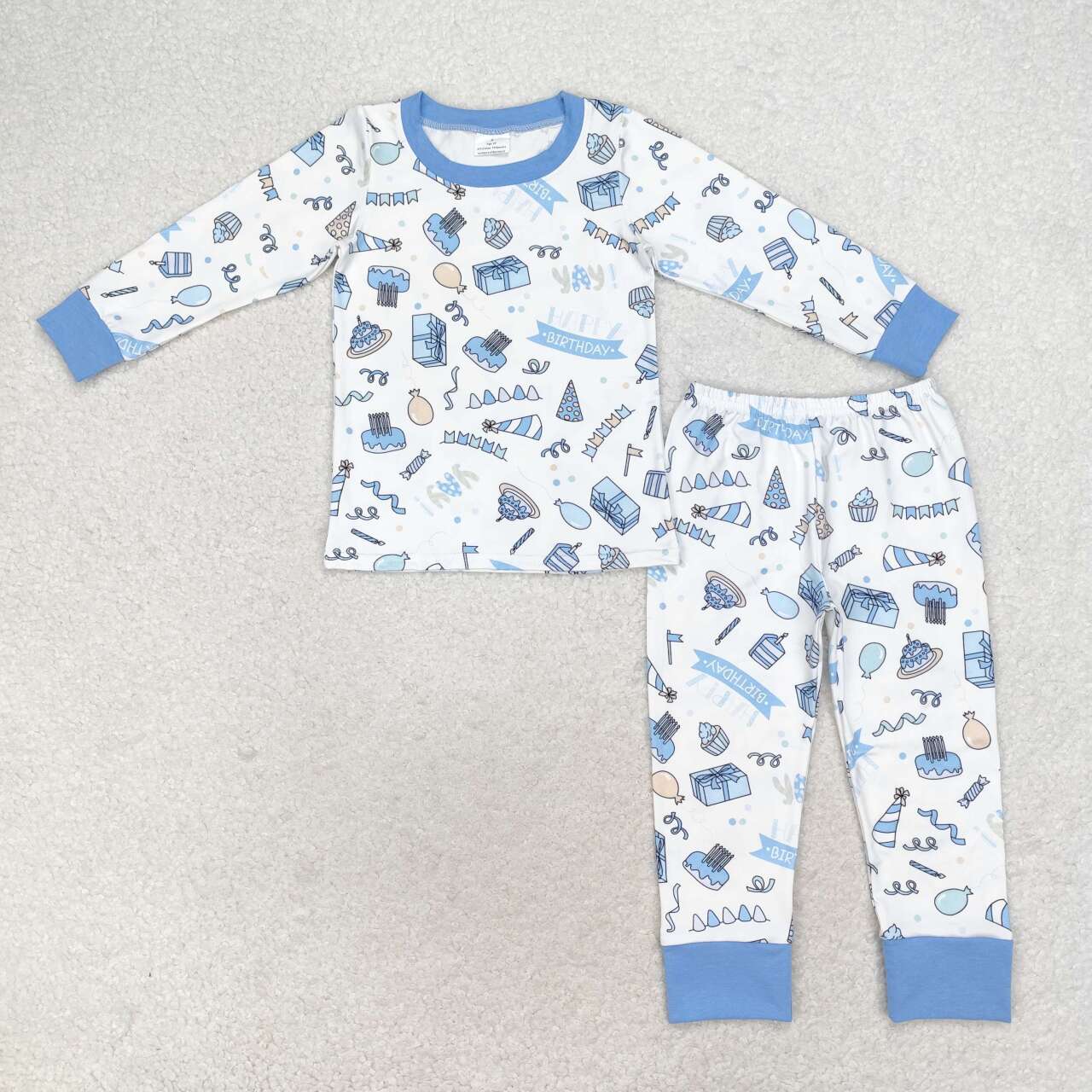 BLP0470 Blue Balloon Cake Print Happy Birthday Boys Fall Pajamas Clothes Set