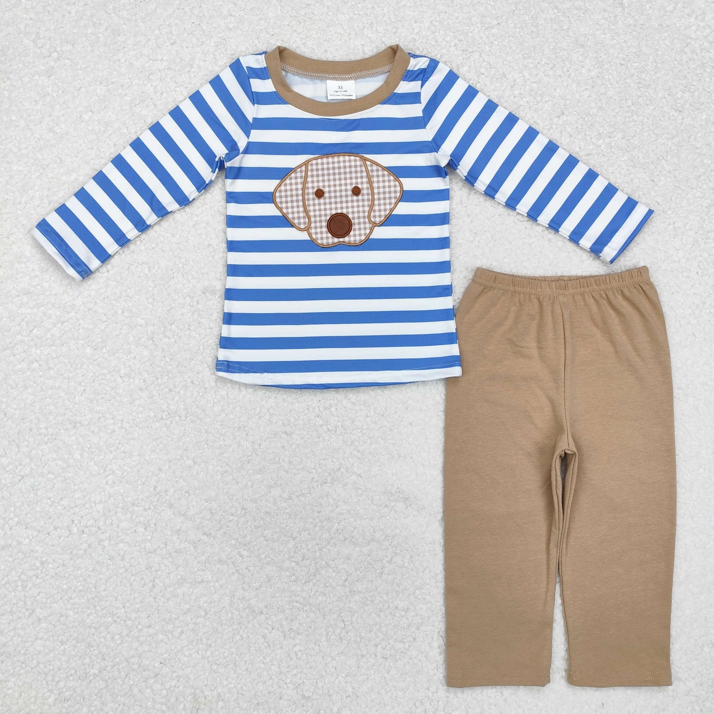 BLP0478 Dog Embroidery Stripes Top Brown Pants Boys Fall Clothes Set