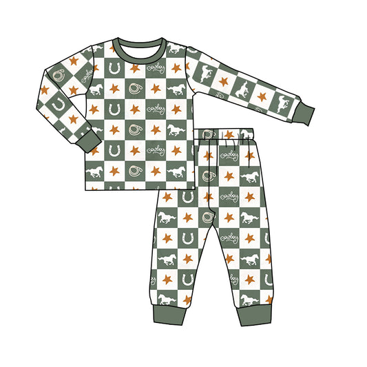 (Pre-order)BLP0480 Cowboy Horse Stars Plaid Print Boys Fall Western Pajamas Clothes Set