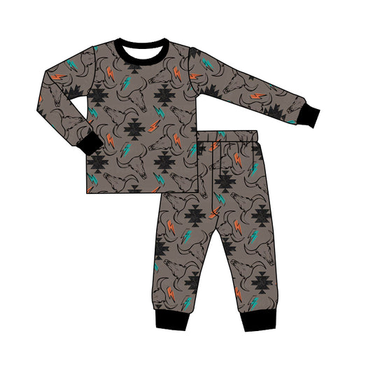 (Pre-order)BLP0481 Cow Skull Aztec Print Boys Fall Western Pajamas Clothes Set