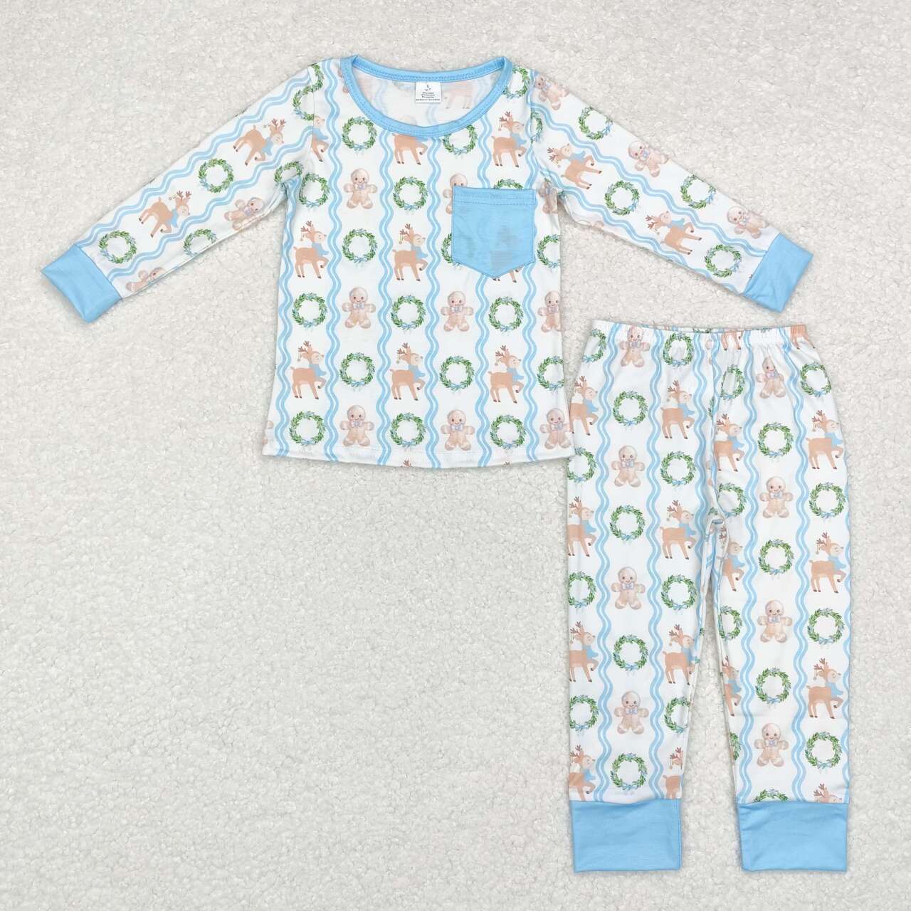 BLP0483 Deer Gingerbread Print Boys Christmas Bamboo Pajamas Clothes Set