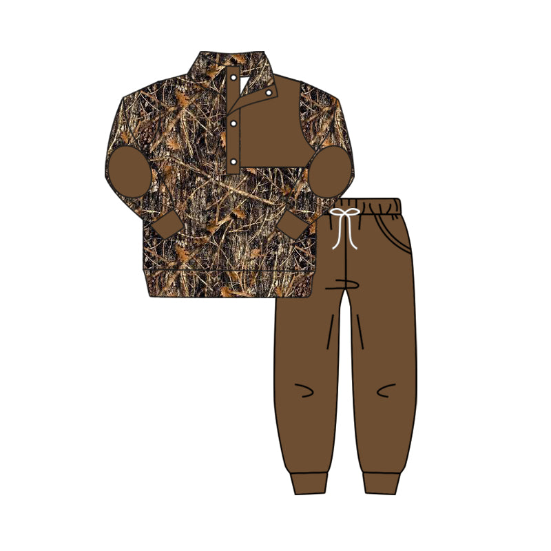 (Custom Design Preorder MOQ 5) Camo Branch Brown Pullover Top Pockets Pants Boys Fall Clothes Set