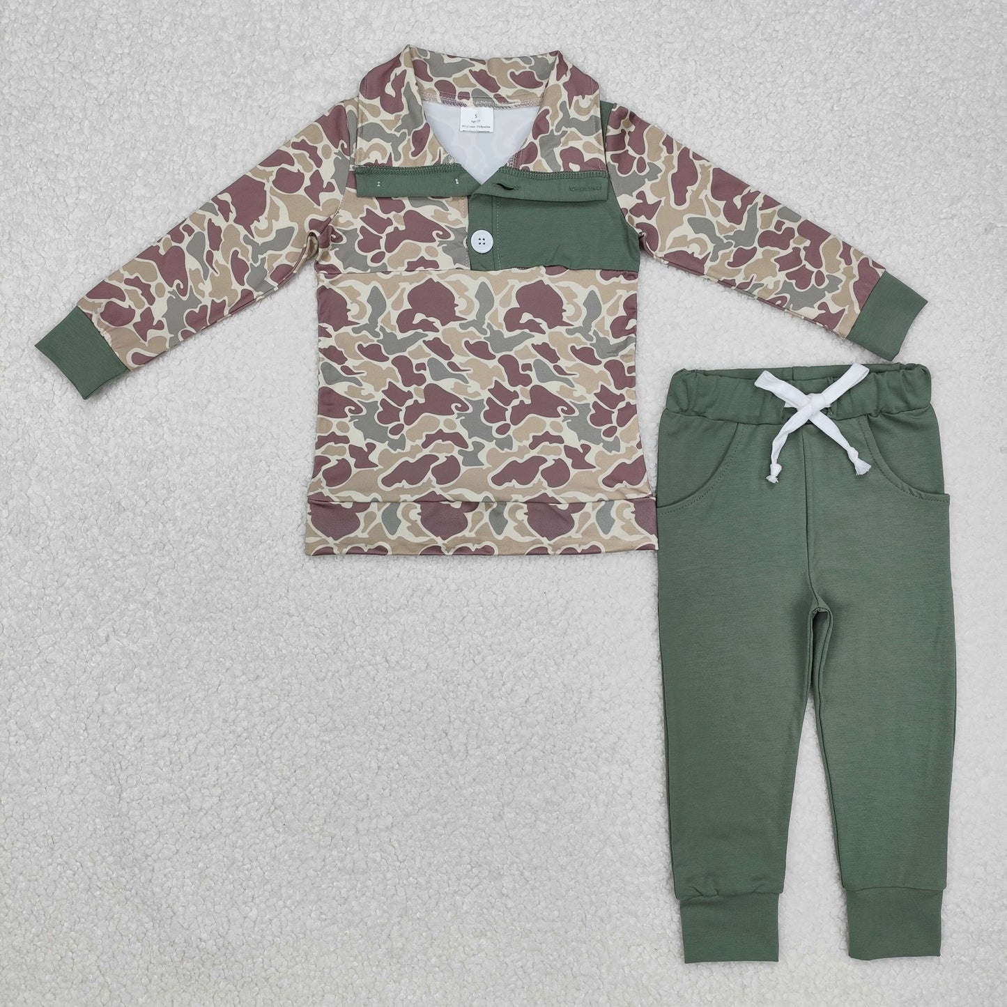 BLP0491 Camo Buttons Pullover Top Green Pockets Pants Boys Fall Hunting Clothes Set