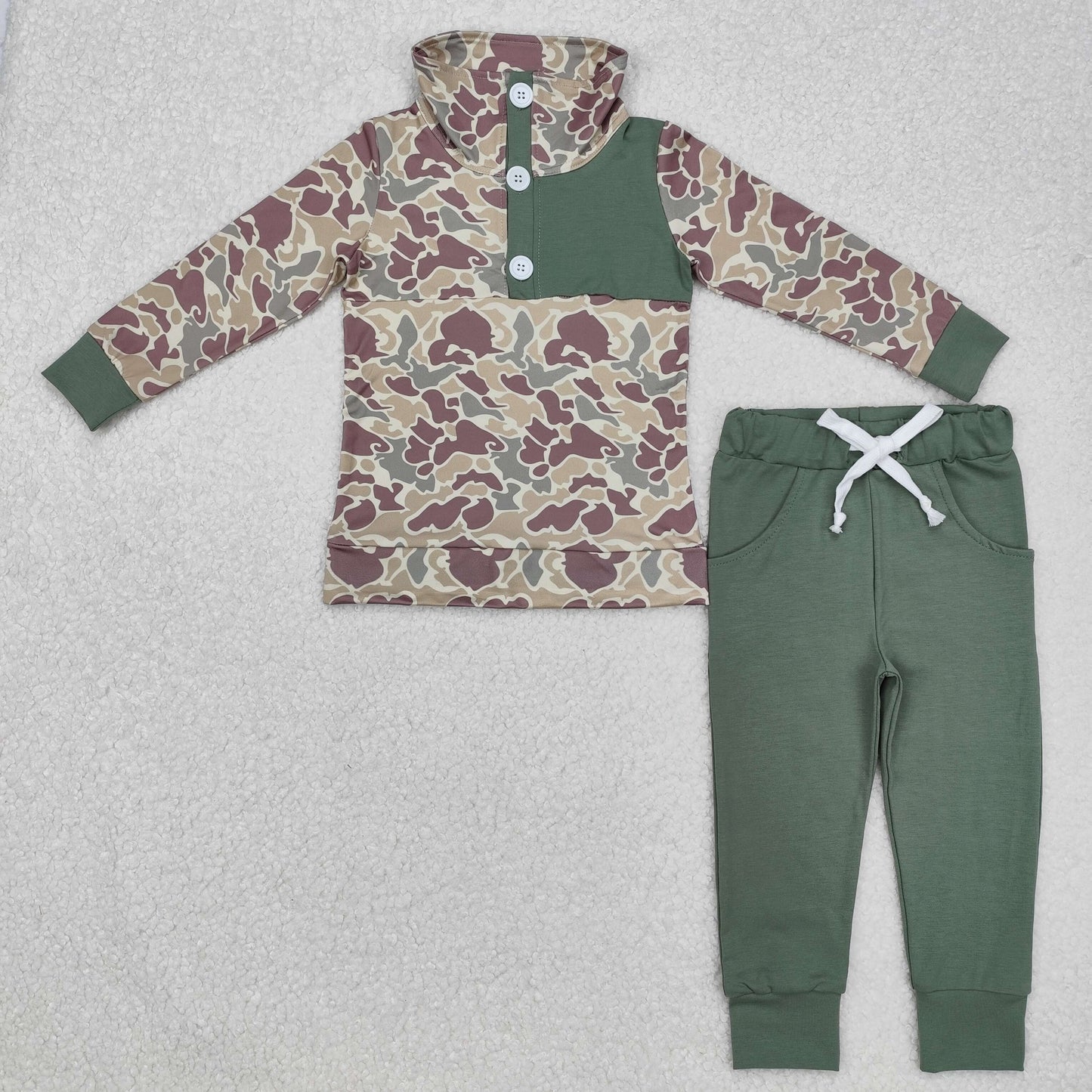 BLP0491 Camo Buttons Pullover Top Green Pockets Pants Boys Fall Hunting Clothes Set