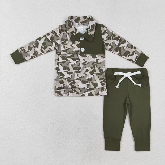 BLP0493 Duck Camo Pullover Top Pockets Pants Boys Fall Clothes Set