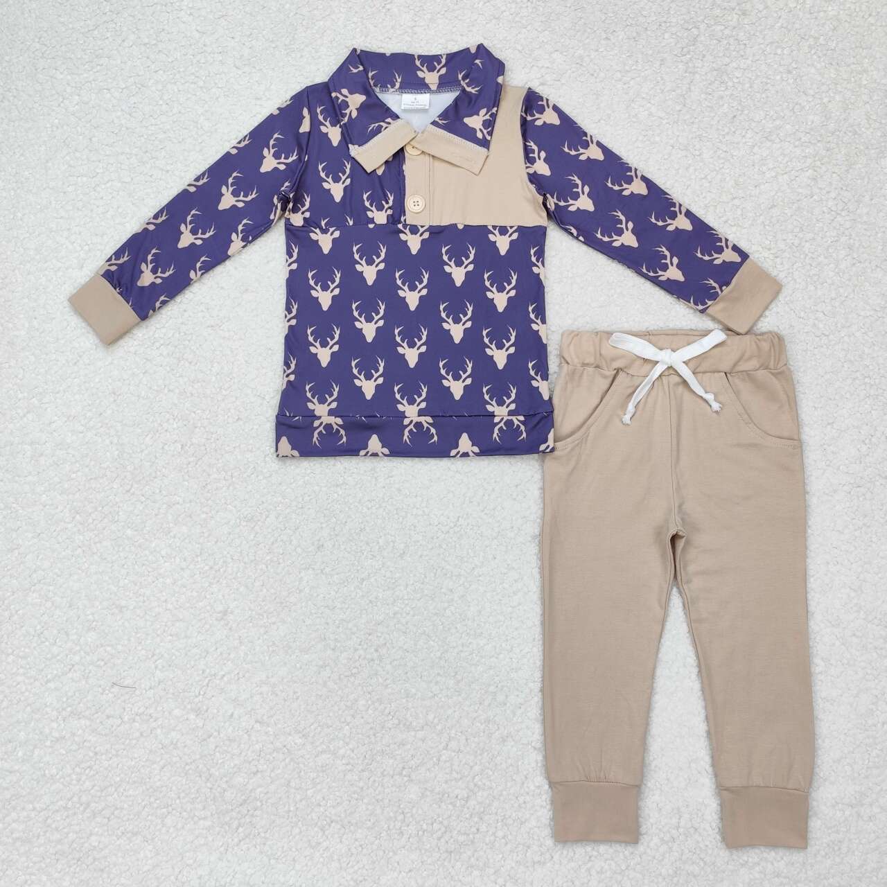 BLP0494 Deer Pullover Top Pockets Pants Boys Fall Clothes Set