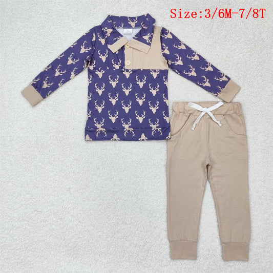 BLP0494 Deer Pullover Top Pockets Pants Boys Fall Clothes Set