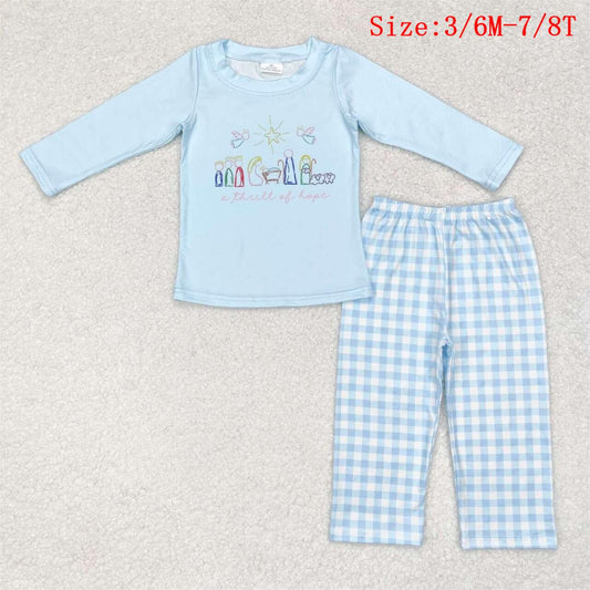 BLP0504 Nativity Blue Top Plaid Pants Boys Fall Clothes Set