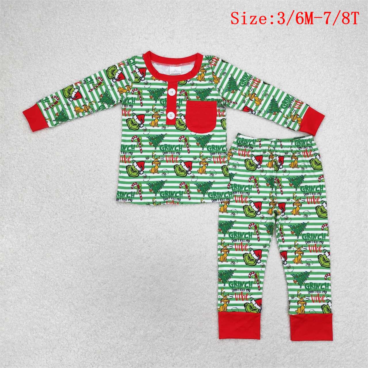 BLP0507 Green Frog Vibe Print Boys Christmas Pajamas Clothes Set